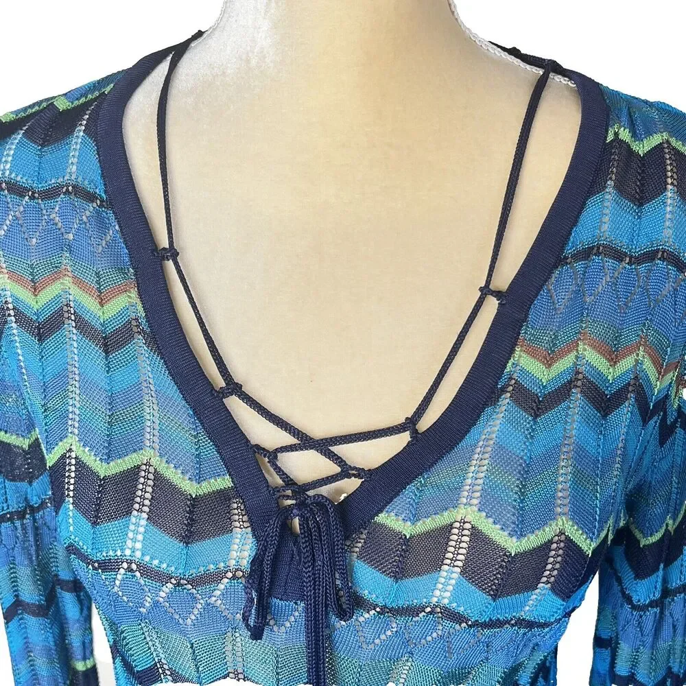 Sigrid Olsen Blue Multicolored Chevron Open Knit Top Sz S Scoop Neck w Accents - Picture 4 of 9